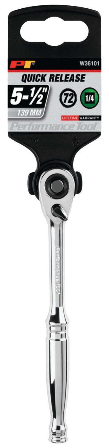 Performance Tool Ratchet, 1/4 Inch Drive X 5-1/2 Inch Length, Quick Release Teardrop Head, 72 Teeth, Polished Nickel Chrome Plated – W36101