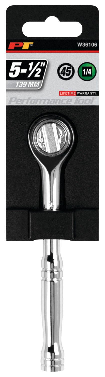 Performance Tool Ratchet, 1/4 Inch Drive X 5-1/2 Inch Length, Round Head, 45 Teeth, Polished Nickel Chrome Plated – W36106