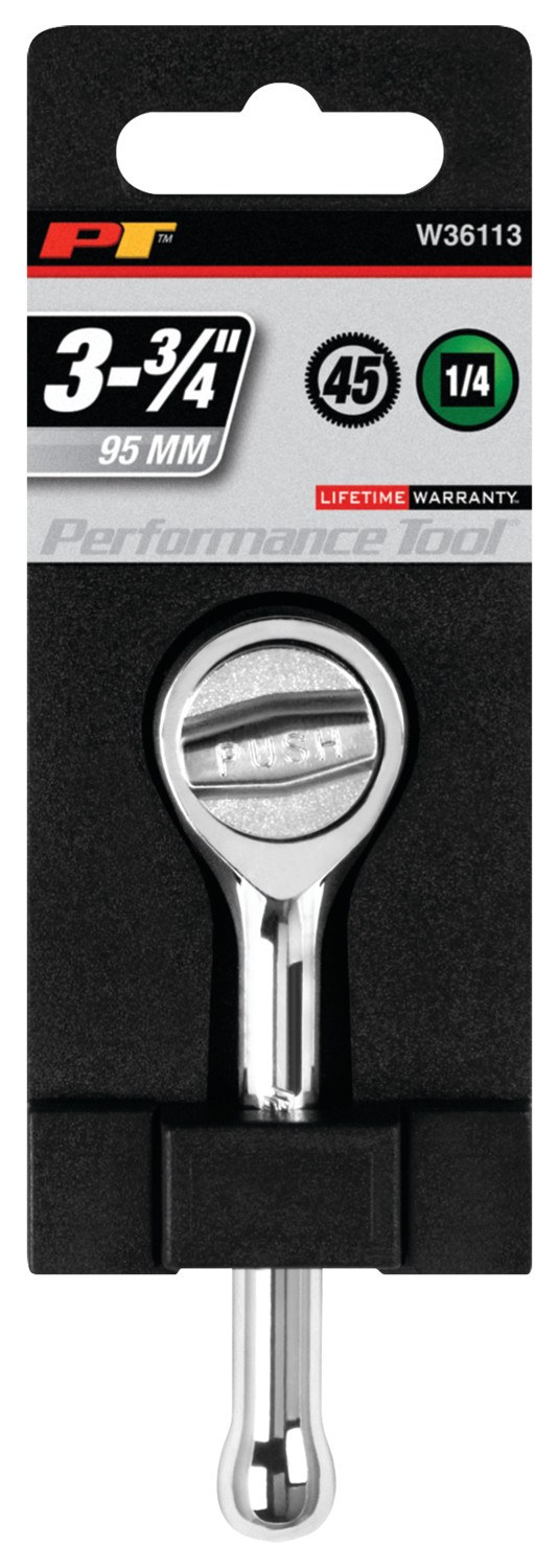 Performance Tool Ratchet, 1/4 Inch Drive X 3-3/4 Inch Length, Quick Release Round Head, 45 Teeth, Polished Nickel Chrome Plated – W36113