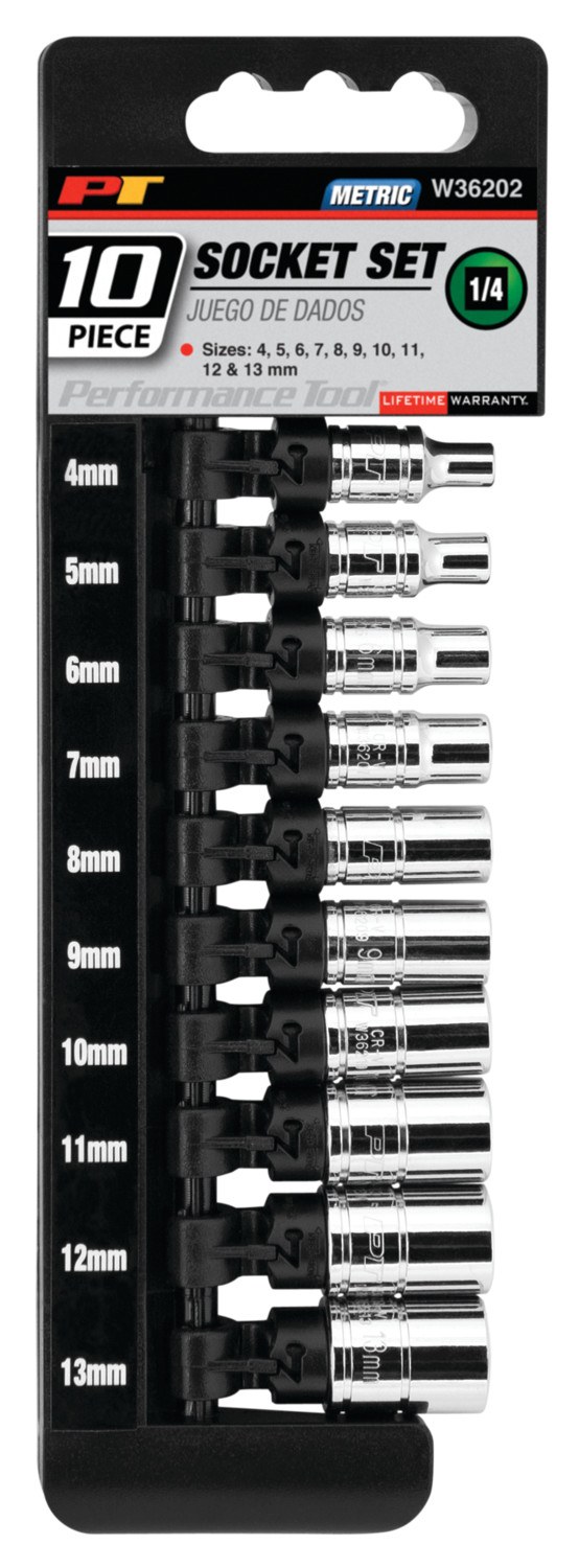 Performance Tool Socket Set, 1/4 Inch Drive, Metric, 6 Point, Chrome Vanadium Steel – W36202