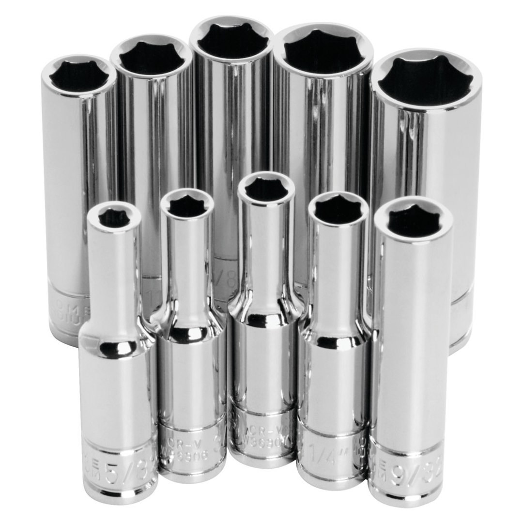 Performance Tool Socket Set, 1/4 Inch Drive, Standard, Deep/ 6 Point, Chrome Vanadium Steel – W36300