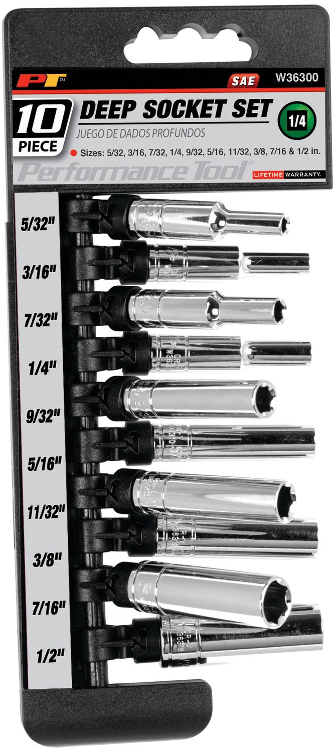 Performance Tool Socket Set, 1/4 Inch Drive, Standard, Deep/ 6 Point, Chrome Vanadium Steel – W36300