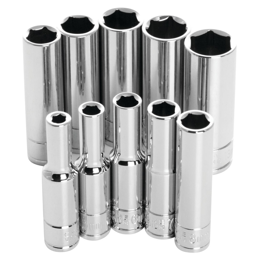 Performance Tool Socket Set, 1/4 Inch Drive, Metric, Deep/ 6 Point, Chrome Vanadium Steel – W36400