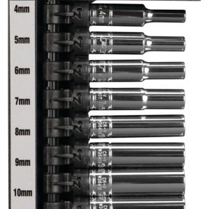Performance Tool Socket Set, 1/4 Inch Drive, Metric, Deep/ 6 Point, Chrome Vanadium Steel – W36400