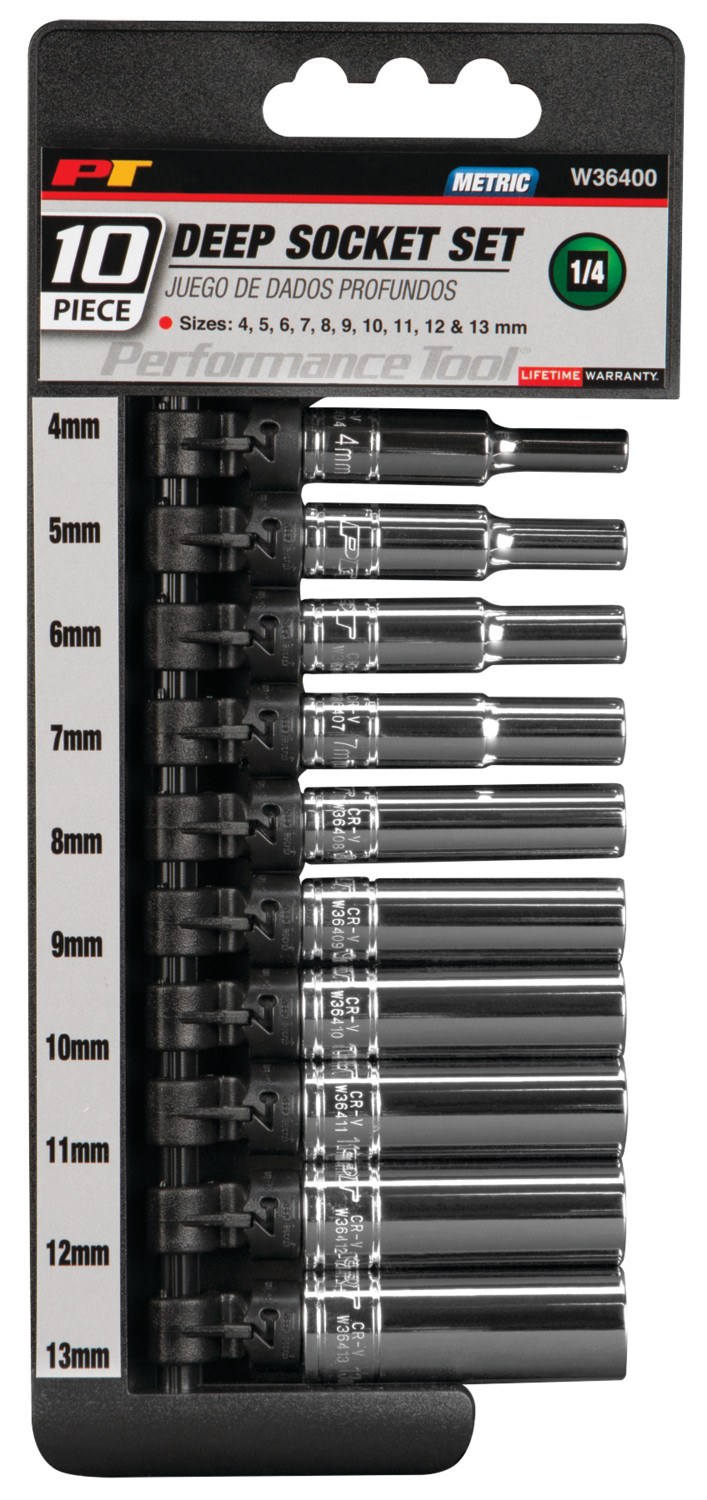 Performance Tool Socket Set, 1/4 Inch Drive, Metric, Deep/ 6 Point, Chrome Vanadium Steel – W36400