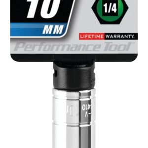 Performance Tool Socket, 1/4 Inch Drive, 10 Millimeter, Metric, Deep Socket, 6 Point, Polished Nickel Chrome Plated, Vanadium Alloy Steel – W36410