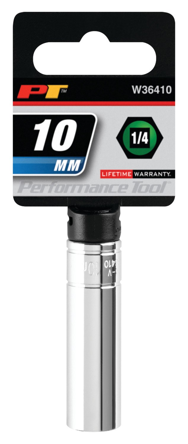 Performance Tool Socket, 1/4 Inch Drive, 10 Millimeter, Metric, Deep Socket, 6 Point, Polished Nickel Chrome Plated, Vanadium Alloy Steel – W36410