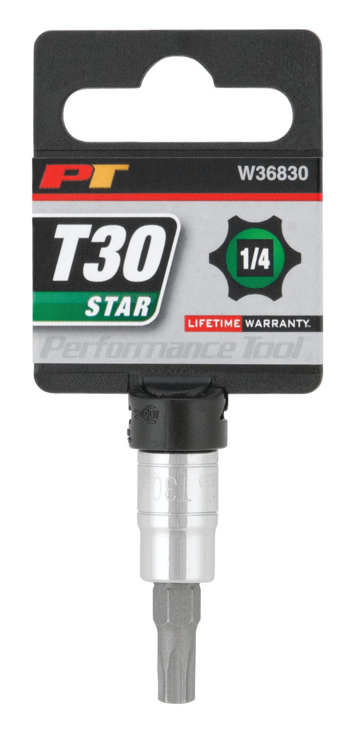 Performance Tool Torx Bit, Use with 1/4 Inch Drive Socket, 6 Point, T30, Polished, Alloy Steel Bit with Chrome Vanadium Steel Socket, Single – W36830