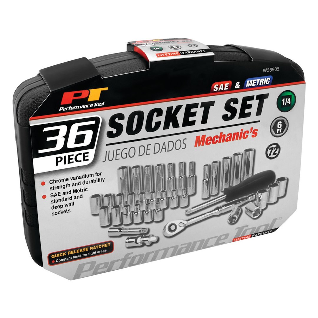 Performance Tool Socket Set, 1/4 Inch Drive, Standard/ Metric, Chrome Vanadium Steel – W36905