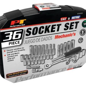 Performance Tool Socket Set, 1/4 Inch Drive, Standard/ Metric, Chrome Vanadium Steel – W36905