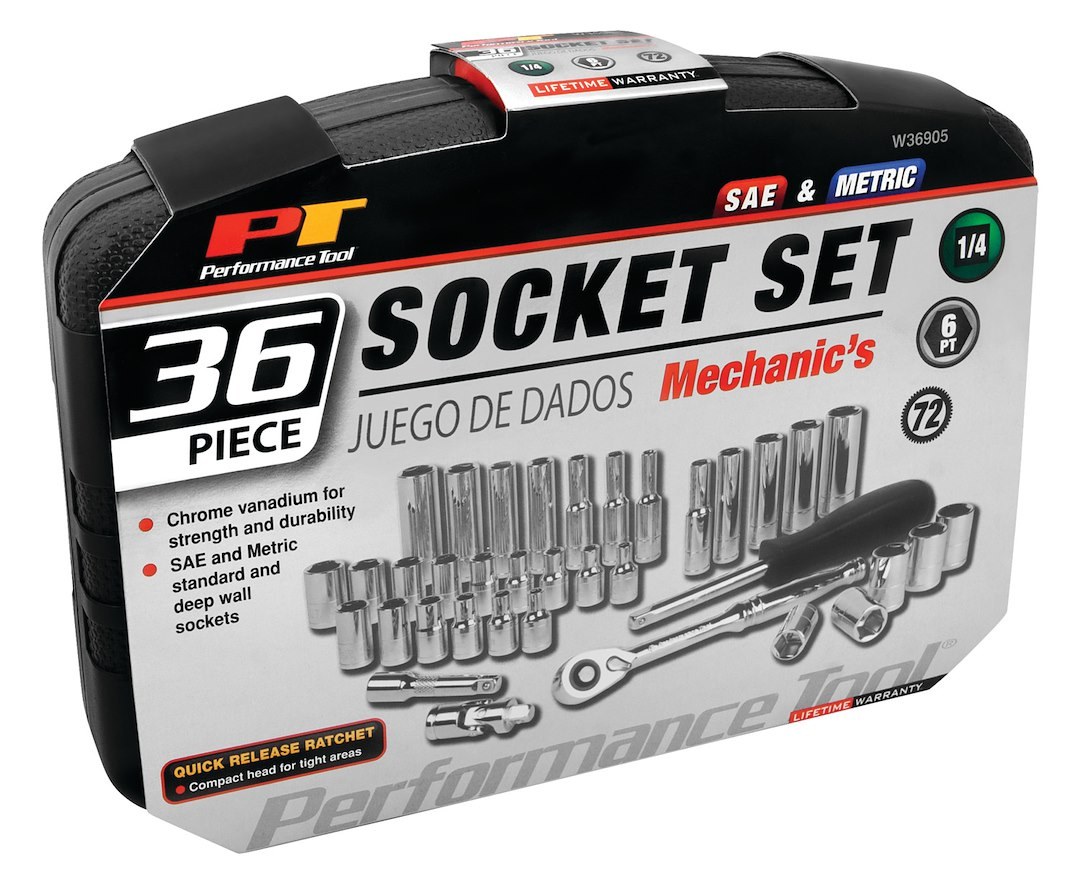 Performance Tool Socket Set, 1/4 Inch Drive, Standard/ Metric, Chrome Vanadium Steel – W36905