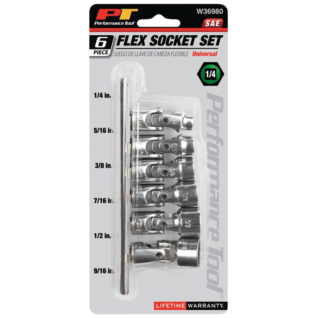 Performance Tool Socket Set, 1/4 Inch Drive, Standard, Flex Socket, Chrome Vanadium Alloy Steel – W36980