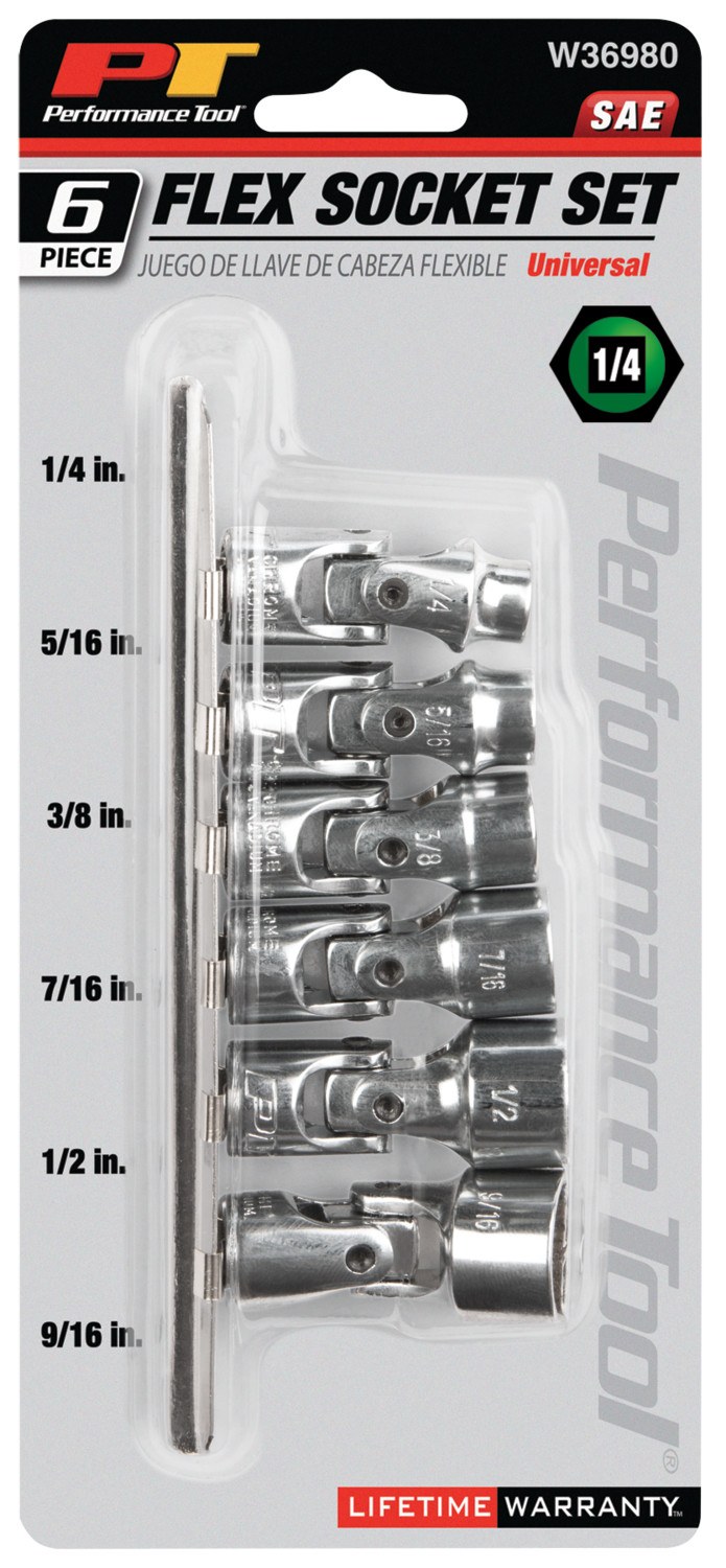 Performance Tool Socket Set, 1/4 Inch Drive, Standard, Flex Socket, Chrome Vanadium Alloy Steel – W36980