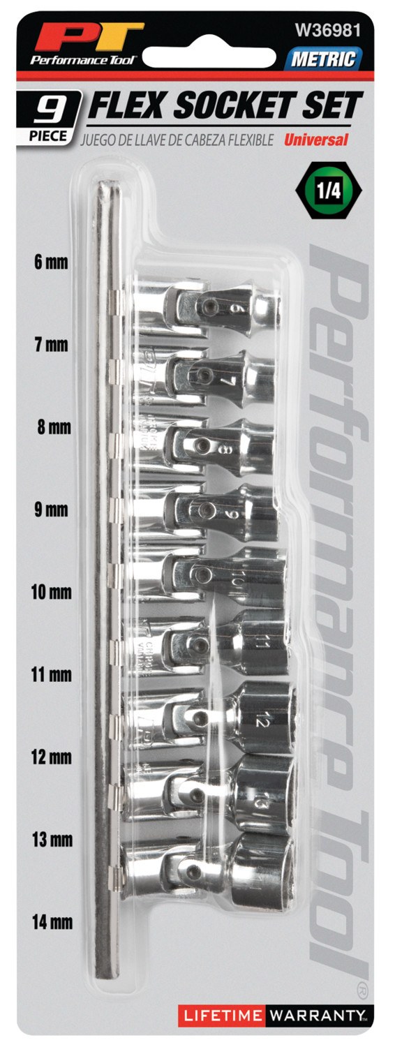 Performance Tool Socket Set, 1/4 Inch Drive, Metric, Flex Socket, Chrome Vanadium Alloy Steel – W36981