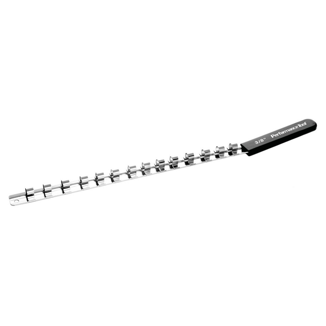 Performance Tool Socket Storage Rail, 3/8 Inch Drive, 18 Inch Length, Wall Mounting, Chrome Plated, Single – W38000