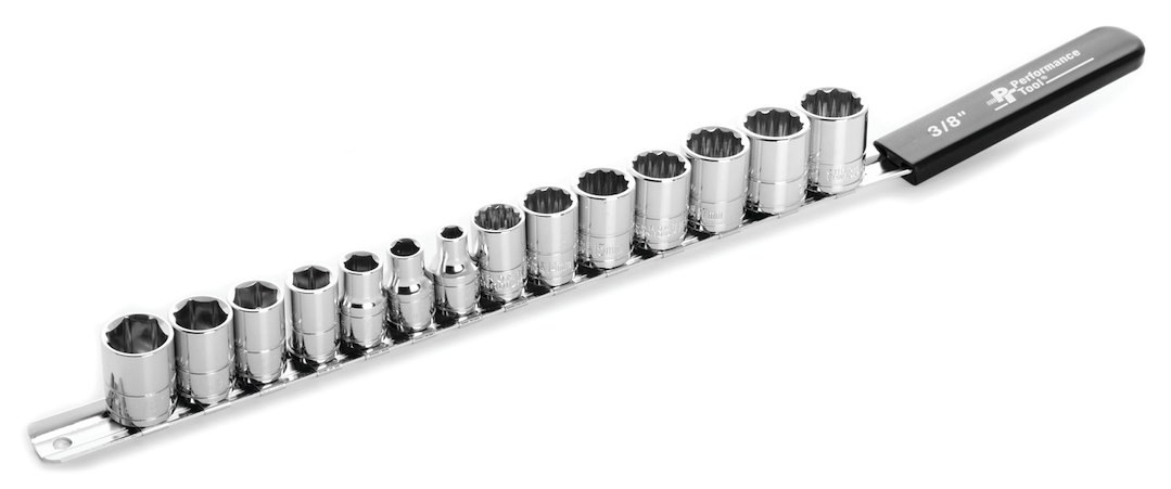 Performance Tool Socket Storage Rail, 3/8 Inch Drive, 18 Inch Length, Wall Mounting, Chrome Plated, Single – W38000