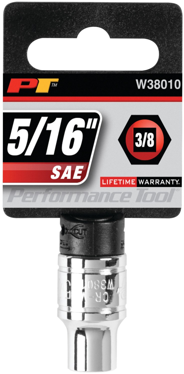Performance Tool Socket, 3/8 Inch Drive, 5/16 Inch, Standard, 6 Point, Polished Nickel Chrome Plated, Vanadium Alloy Steel, Single – W38010