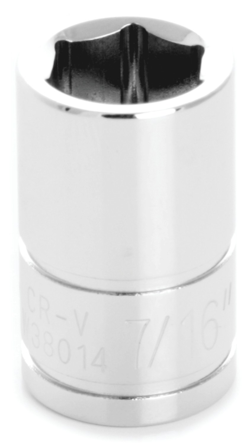 Performance Tool Socket, 3/8 Inch Drive, 7/16 Inch, Standard, 6 Point, Polished Nickel Chrome Plated, Vanadium Alloy Steel, Single – W38014
