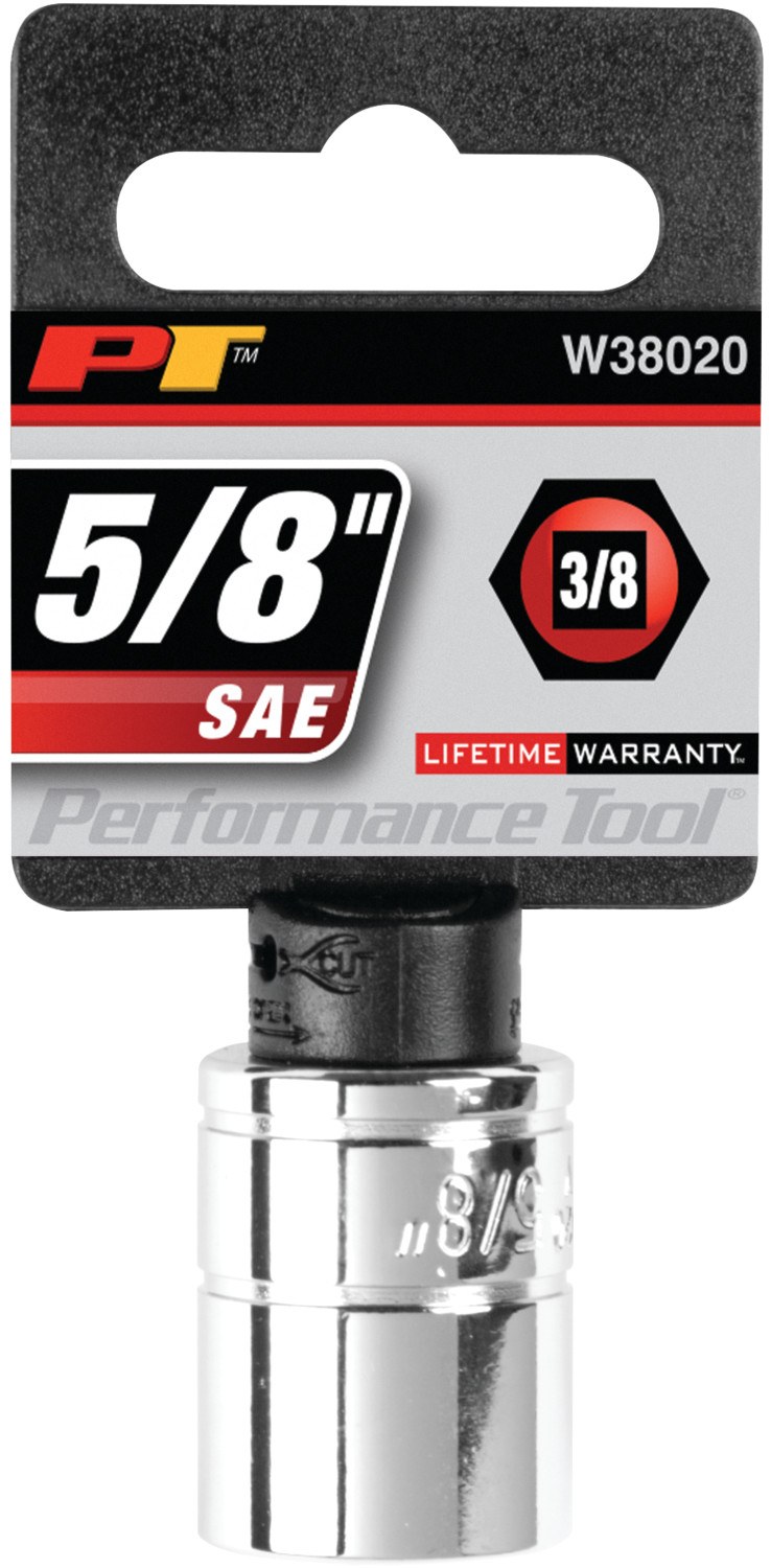 Performance Tool Socket, 3/8 Inch Drive, 5/8 Inch, Standard, 6 Point, Polished Nickel Chrome Plated, Vanadium Alloy Steel, Single – W38020