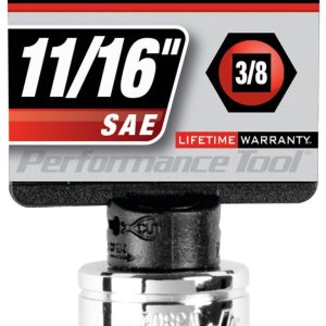 Performance Tool Socket, 3/8 Inch Drive, 11/16 Inch, Standard, 6 Point, Polished Nickel Chrome Plated, Vanadium Alloy Steel, Single – W38022