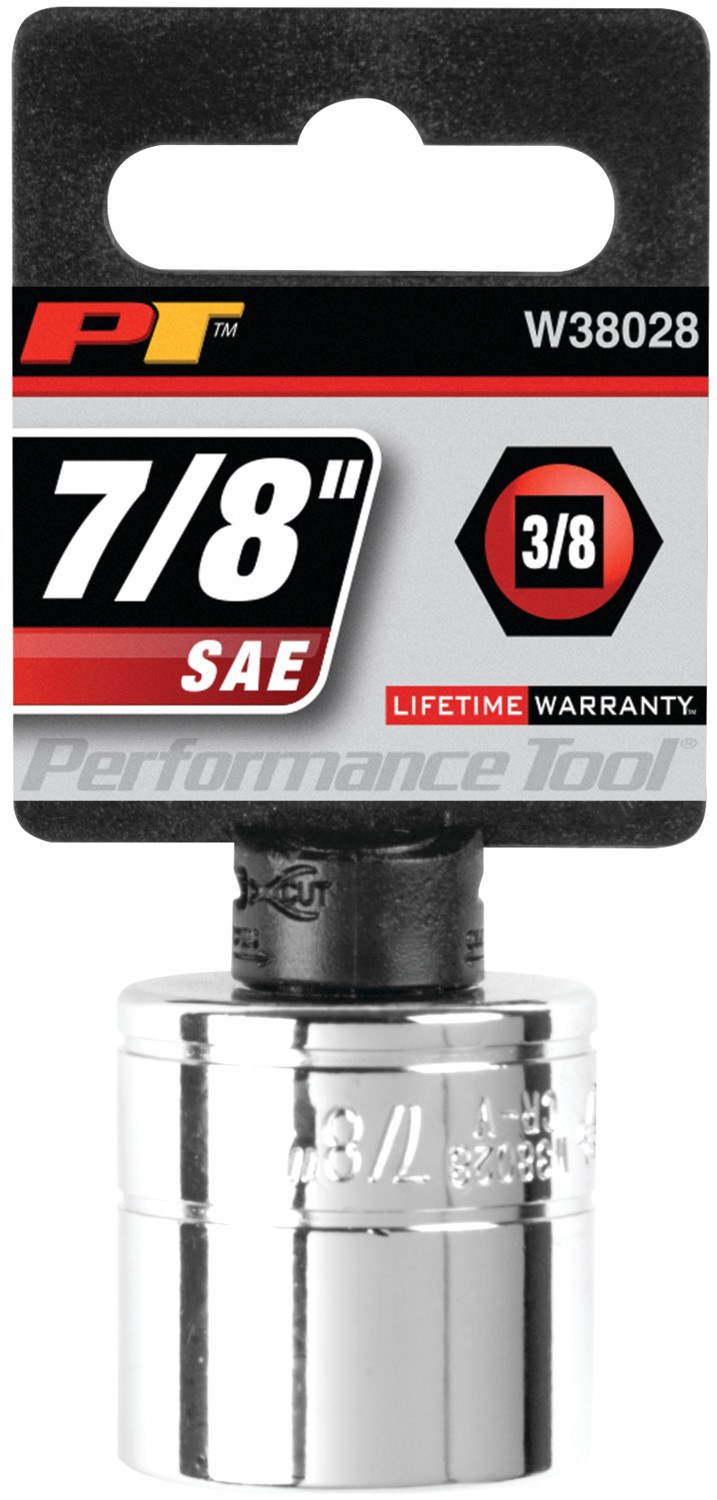 Performance Tool Socket, 3/8 Inch Drive, 7/8 Inch, Standard, 6 Point, Polished Nickel Chrome Plated, Vanadium Alloy Steel, Single – W38028