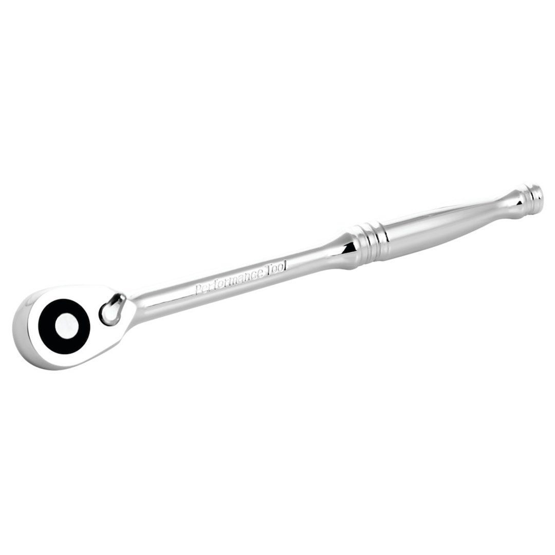 Performance Tool Ratchet, 3/8 Inch Drive X 7-5/8 Inch Length, Quick Release Teardrop Head, 72 Teeth, Polished Nickel Chrome Plated – W38101