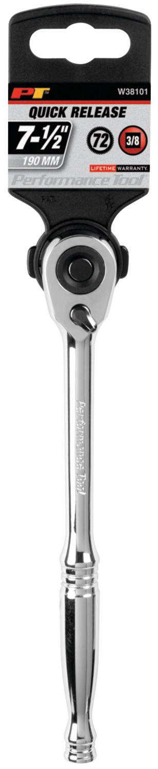 Performance Tool Ratchet, 3/8 Inch Drive X 7-5/8 Inch Length, Quick Release Teardrop Head, 72 Teeth, Polished Nickel Chrome Plated – W38101
