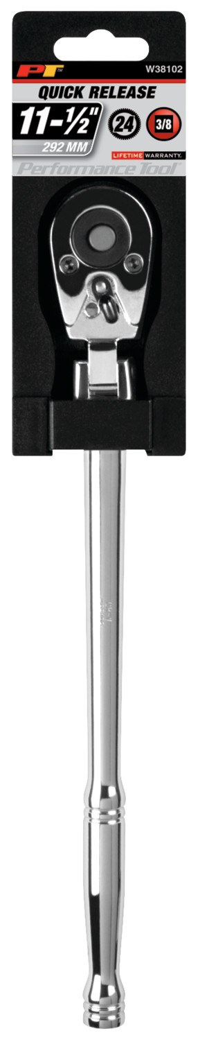 Performance Tool Ratchet, 3/8 Inch Drive X 11-1/2 Inch Length, Quick Release Teardrop Flex Head, 24 Teeth, Polished Nickel Chrome Plated – W38102