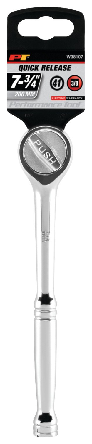 Performance Tool Ratchet, 3/8 Inch Drive X 7-7/8 Inch Length, Quick Release Round Head, 41 Teeth, Polished Nickel Chrome Plated – W38107