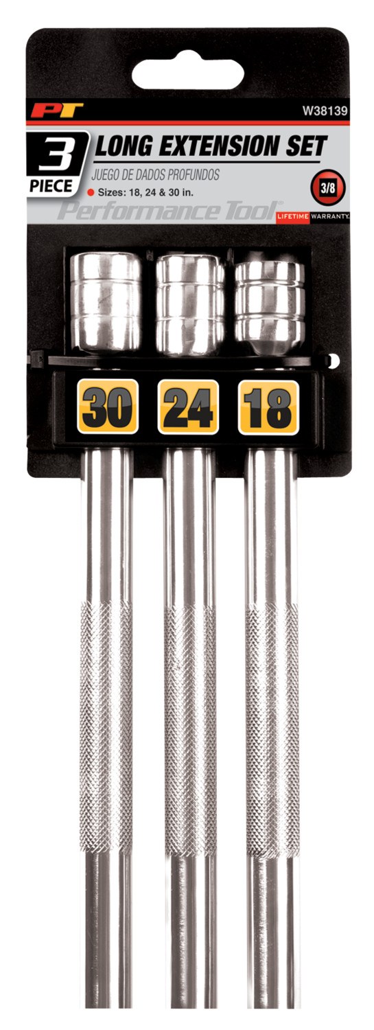 Performance Tool Socket Extension, 3/8 Inch Drive, 18 Inch/ 24 Inch/ 30 Inch Length, Chrome Plated, Vanadium Steel, Set of 3 – W38139
