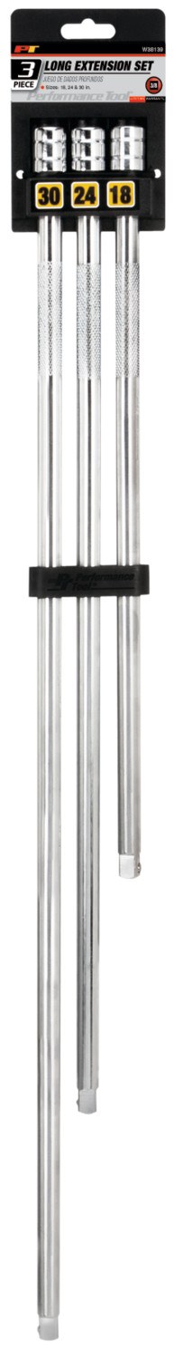 Performance Tool Socket Extension, 3/8 Inch Drive, 18 Inch/ 24 Inch/ 30 Inch Length, Chrome Plated, Vanadium Steel, Set of 3 – W38139