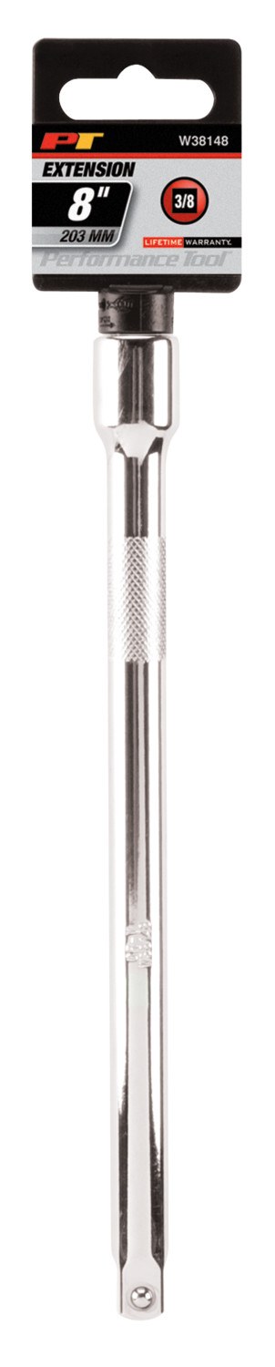 Performance Tool Socket Extension, 3/8 Inch Drive, 8 Inch Length, Polished Nickel Chrome Plated, Chrome Vanadium Alloy Steel, Single – W38148