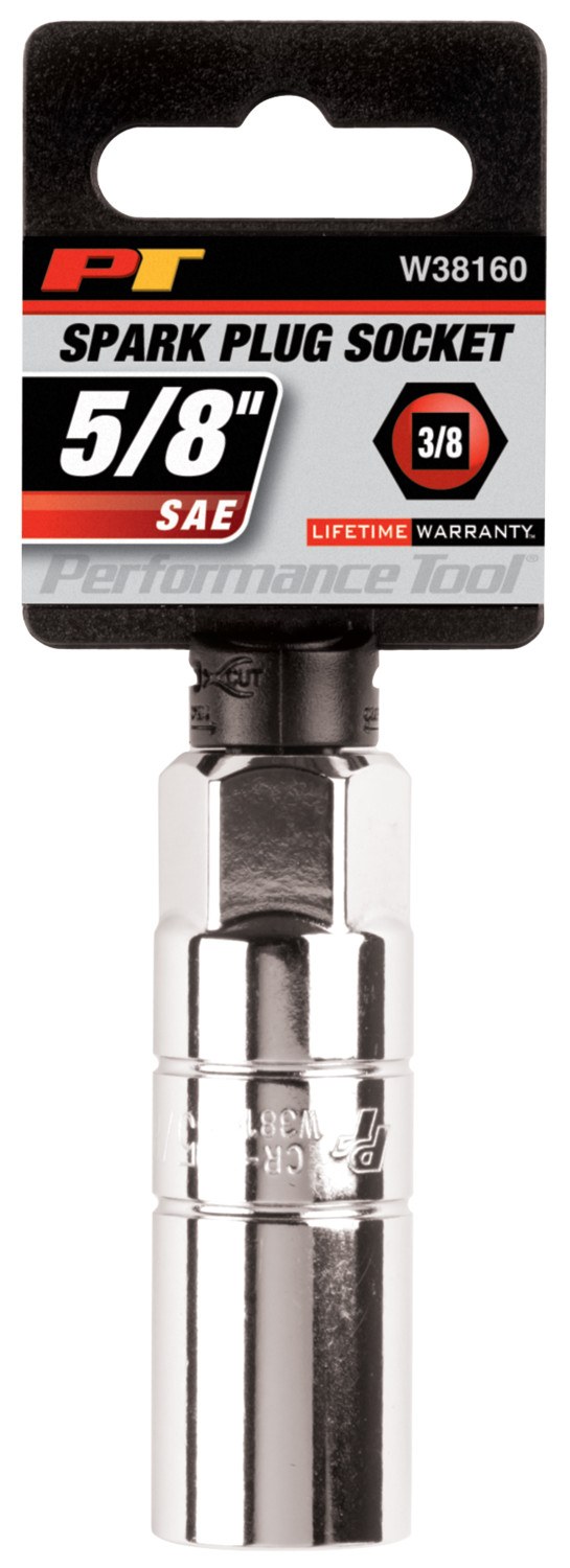 Performance Tool Spark Plug Socket, 3/8 Inch Drive, 5/8 Inch, Chrome Plated, Chrome Vanadium Alloy Steel – W38160
