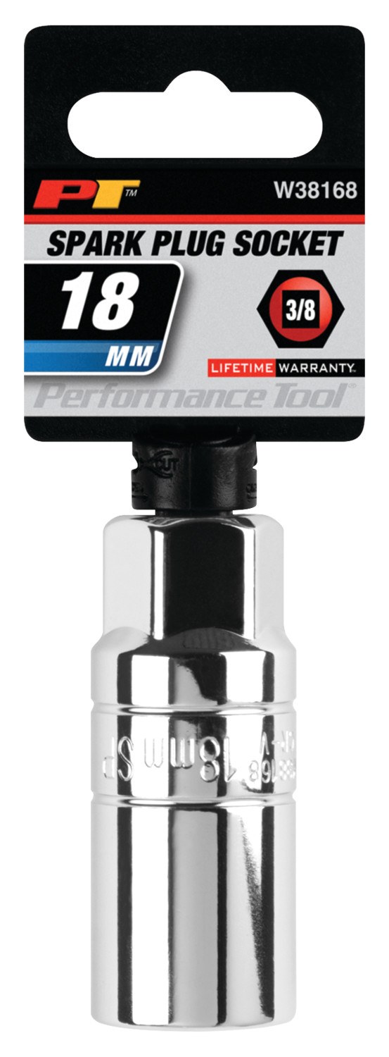 Performance Tool Spark Plug Socket, 3/8 Inch Drive, 18 Millimeter, Chrome Plated, Chrome Vanadium Alloy Steel – W38168