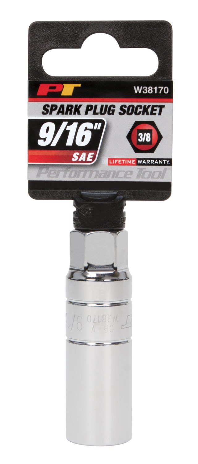 Performance Tool Spark Plug Socket, 3/8 Inch Drive, 9/16 Inch, Chrome Plated, Chrome Vanadium Alloy Steel – W38170