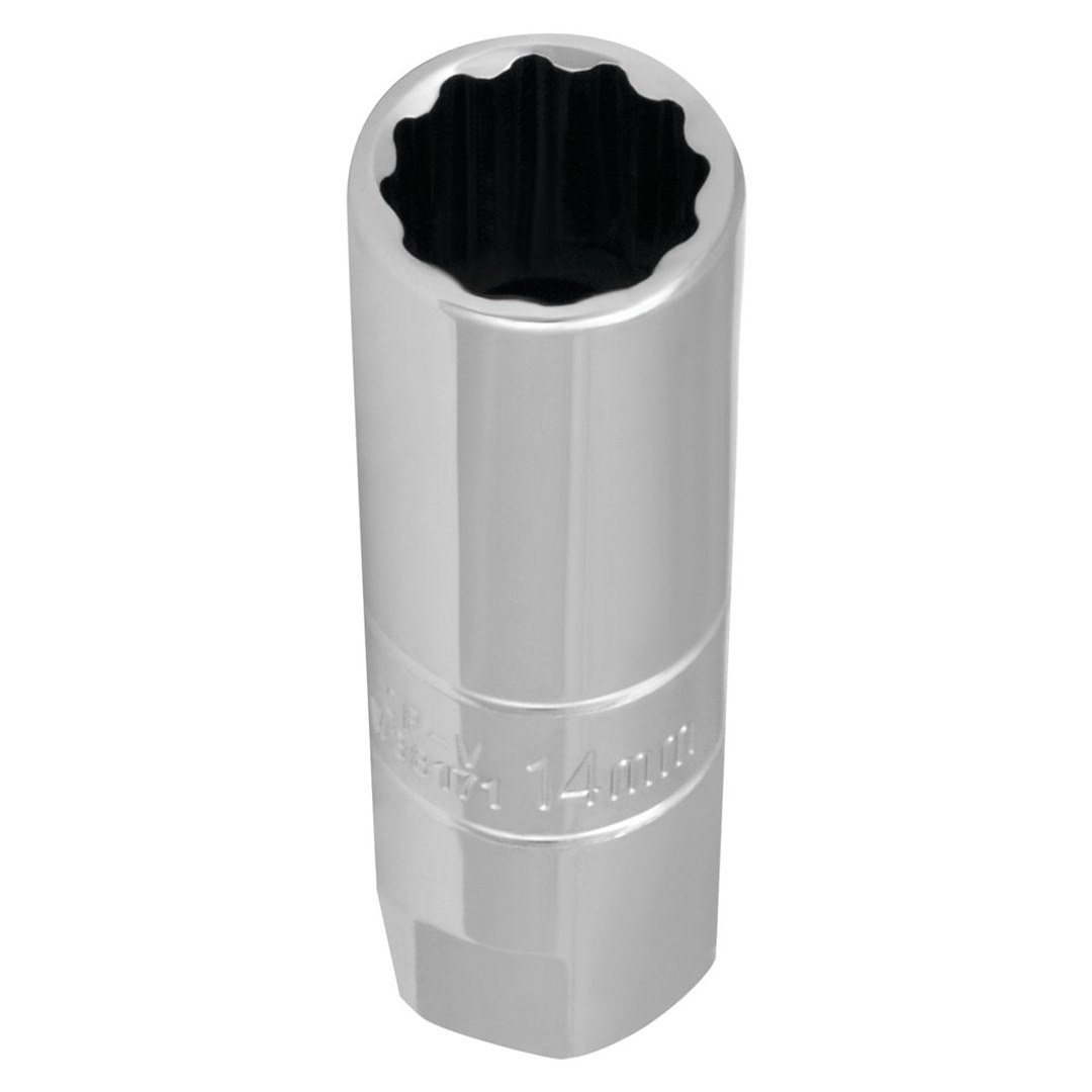 Performance Tool Spark Plug Socket, 3/8 Inch Drive/ 12 Point, 14 Millimeter, Polished Nickel Chrome Plated, Chrome Vanadium Alloy Steel – W38171