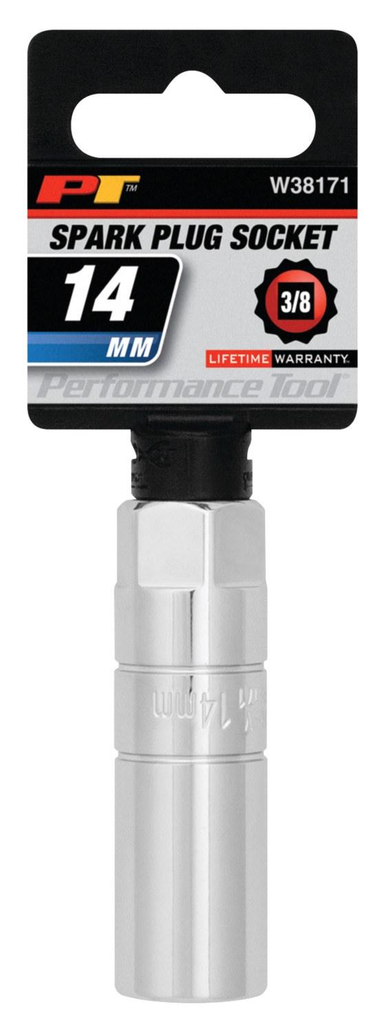 Performance Tool Spark Plug Socket, 3/8 Inch Drive/ 12 Point, 14 Millimeter, Polished Nickel Chrome Plated, Chrome Vanadium Alloy Steel – W38171