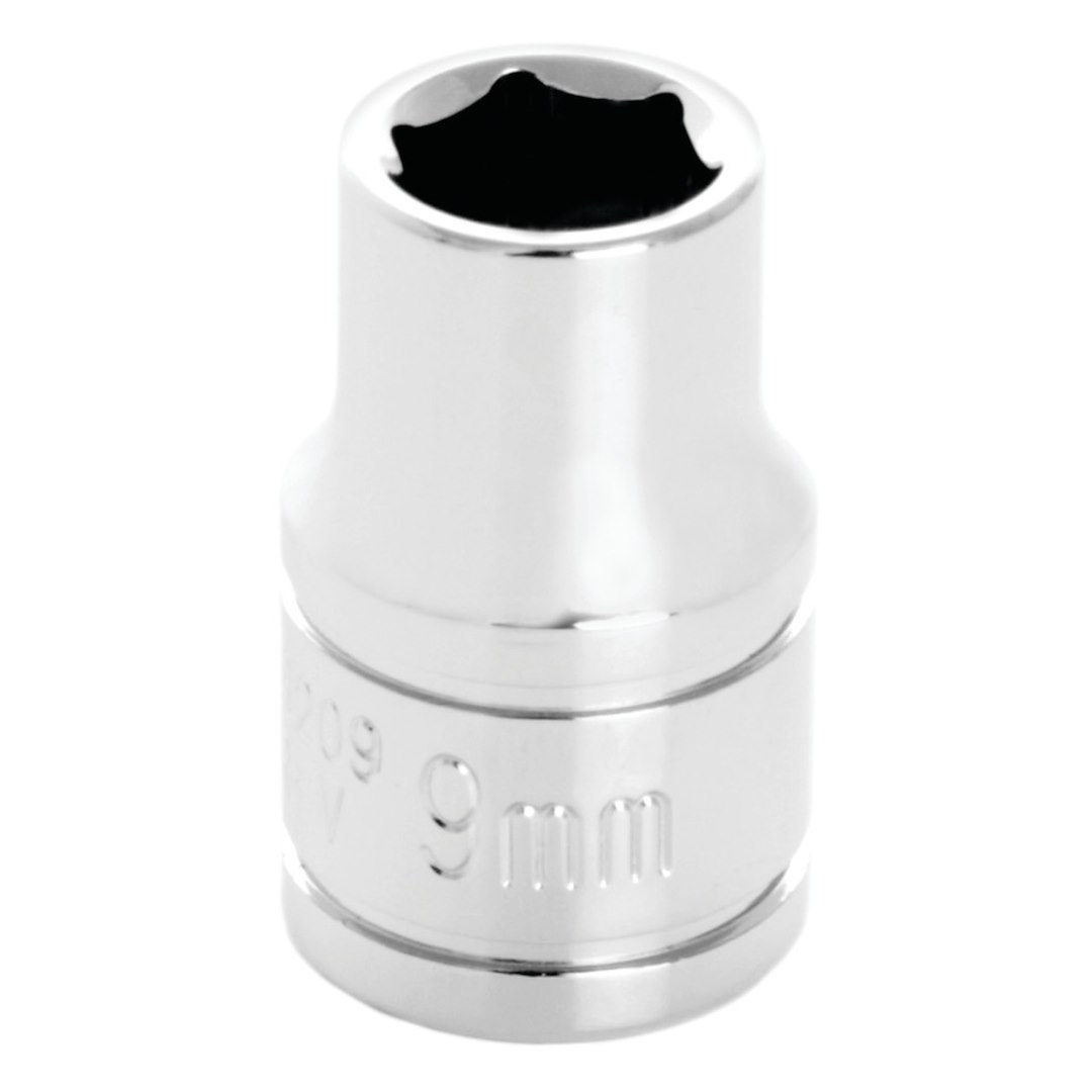 Performance Tool Socket, 3/8 Inch Drive, 9 Millimeter, Metric, 6 Point, Polished Nickel Chrome Plated, Vanadium Alloy Steel, Single – W38209