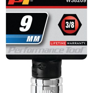 Performance Tool Socket, 3/8 Inch Drive, 9 Millimeter, Metric, 6 Point, Polished Nickel Chrome Plated, Vanadium Alloy Steel, Single – W38209