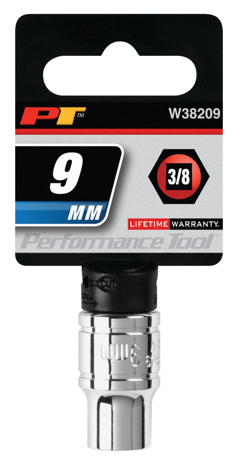 Performance Tool Socket, 3/8 Inch Drive, 9 Millimeter, Metric, 6 Point, Polished Nickel Chrome Plated, Vanadium Alloy Steel, Single – W38209