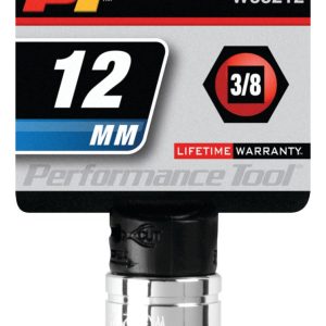 Performance Tool Socket, 3/8 Inch Drive, 12 Millimeter, Metric, 6 Point, Polished Nickel Chrome Plated, Vanadium Alloy Steel, Single – W38212