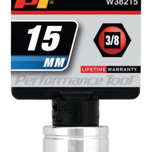 Performance Tool Socket, 3/8 Inch Drive, 15 Millimeter, Metric, 6 Point, Polished Nickel Chrome Plated, Vanadium Alloy Steel, Single – W38215