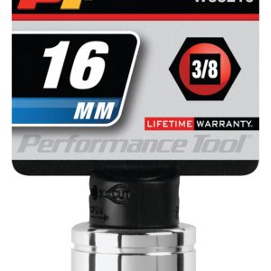 Performance Tool Socket, 3/8 Inch Drive, 16 Millimeter, Metric, 6 Point, Polished Nickel Chrome Plated, Vanadium Alloy Steel, Single – W38216