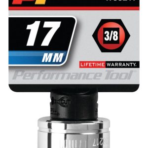 Performance Tool Socket, 3/8 Inch Drive, 17 Millimeter, Metric, 6 Point, Polished Nickel Chrome Plated, Vanadium Alloy Steel, Single – W38217