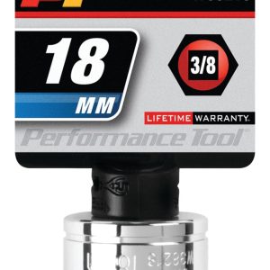 Performance Tool Socket, 3/8 Inch Drive, 18 Millimeter, Metric, 6 Point, Polished Nickel Chrome Plated, Vanadium Alloy Steel, Single – W38218
