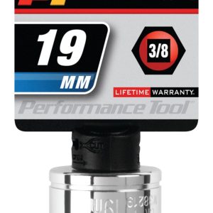 Performance Tool Socket, 3/8 Inch Drive, 19 Millimeter, Metric, 6 Point, Polished Nickel Chrome Plated, Vanadium Alloy Steel, Single – W38219