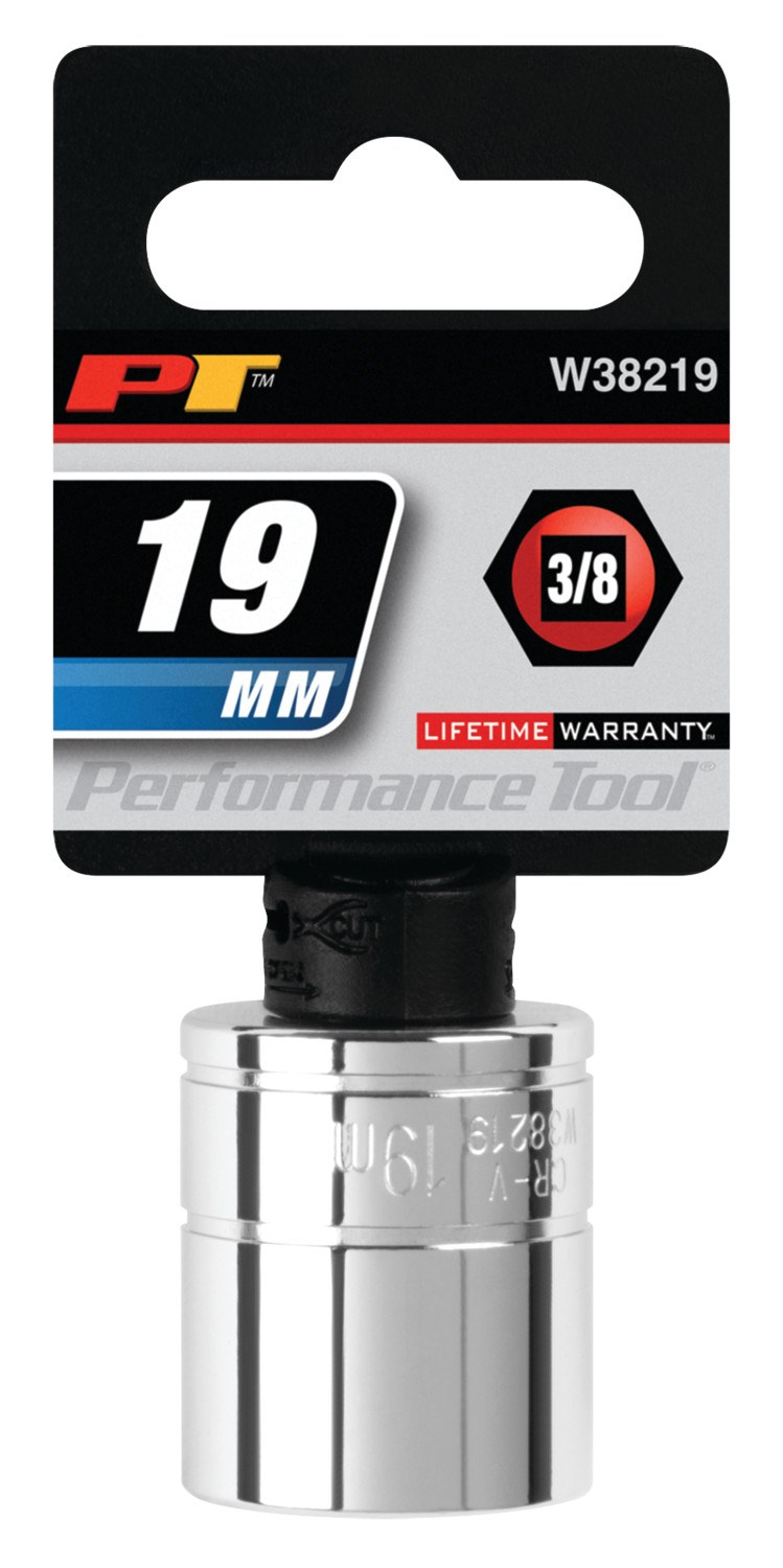 Performance Tool Socket, 3/8 Inch Drive, 19 Millimeter, Metric, 6 Point, Polished Nickel Chrome Plated, Vanadium Alloy Steel, Single – W38219