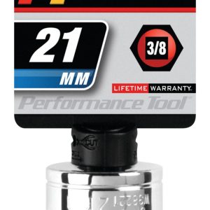 Performance Tool Socket, 3/8 Inch Drive, 21 Millimeter, Metric, 6 Point, Polished Nickel Chrome Plated, Vanadium Alloy Steel, Single – W38221