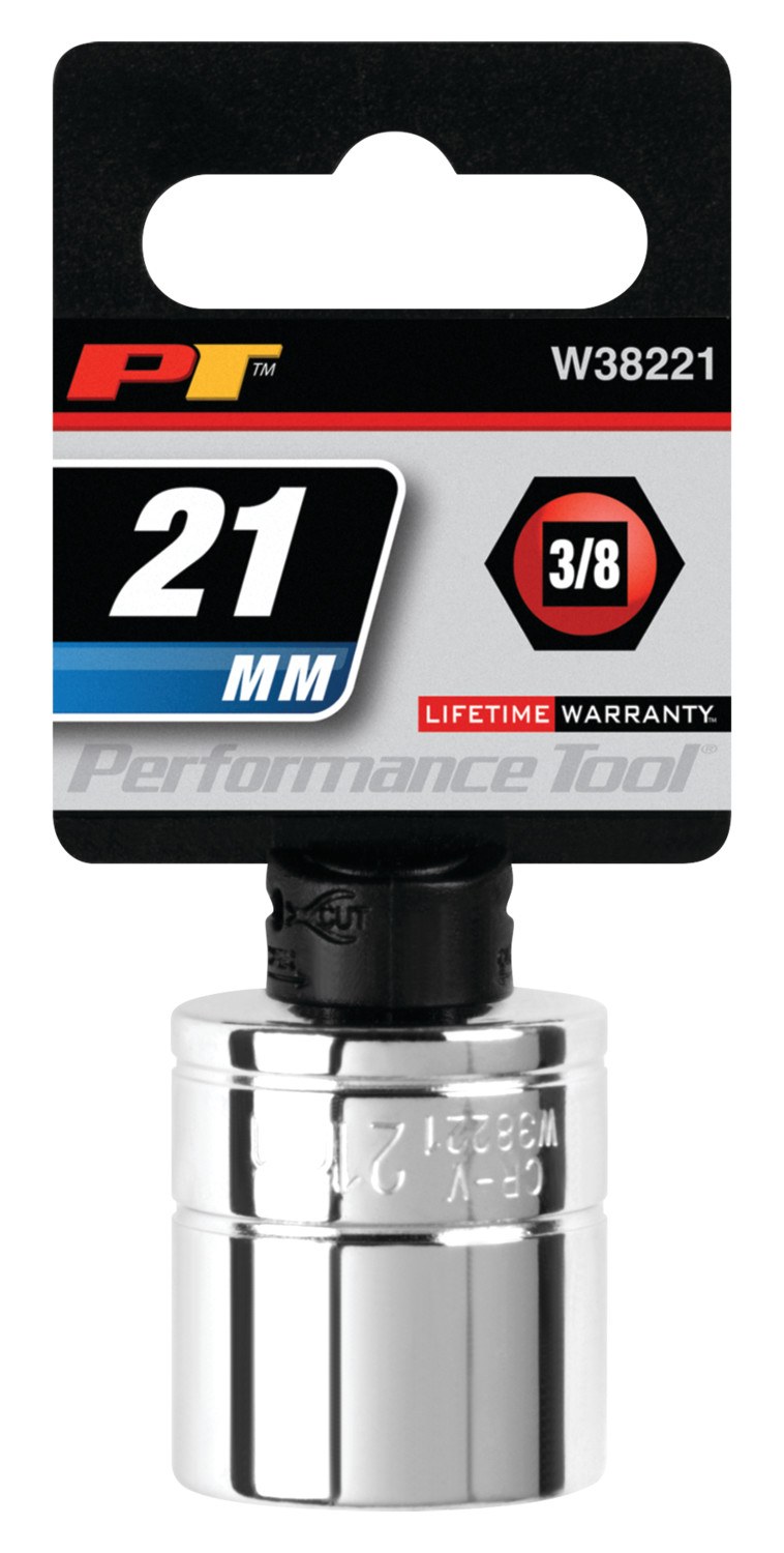 Performance Tool Socket, 3/8 Inch Drive, 21 Millimeter, Metric, 6 Point, Polished Nickel Chrome Plated, Vanadium Alloy Steel, Single – W38221
