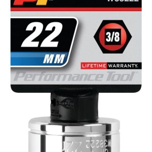 Performance Tool Socket, 3/8 Inch Drive, 22 Millimeter, Metric, 6 Point, Polished Nickel Chrome Plated, Vanadium Alloy Steel, Single – W38222